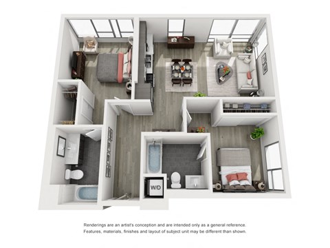 a 3d floor plan of a 1 bedroom apartment
